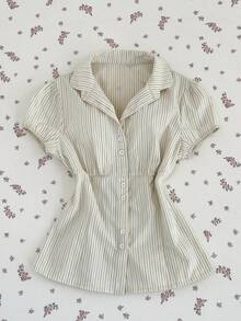 Elamini Women's Casual Commuter Versatile Waist Cinched Striped Shirt - Yellow - View 7