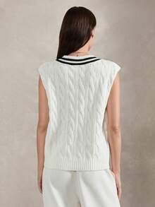 Briarwyn Summer Women's Striped V-Neck Cable Knit Sweater  Pattern Casual Knit Vest, Preppy Style ,Old Money Style,Summer Clothes - Beige - View 2