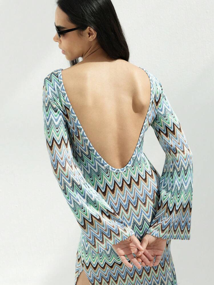 KSTM Women's Long Sleeve Zig Zag Pattern Maxi Dress With Side Slit Round Neckline Multicolor Zigzag Print Floor Length Spring Summer Dress