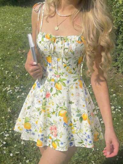SHEIN MOD Women's Lemon Vacation Floral Bow Strap Short Dress, Spring /Summer Outfits Women, Vacation Outfits Women,Party , Wedding Guest Dress For Women, Garden Party ,  Elegant Party,Going Out Outfits,Beach,Beach Dresses ,Summer Holiday Outfits ,Formal Attire For Women,Festival Dress, Picnic Dress, Spring Dress,Yellow Dress