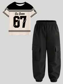 2pcs Set Boys Printed Top & Drawstring Cargo Shorts, Fashionable Casual Outfit - Multicolor - View 2