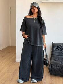 Coolane 女士大码春夏简约街头风日常休闲运动舒适露肩T恤和阔腿运动裤两件套 - 黑色 - 查看 2