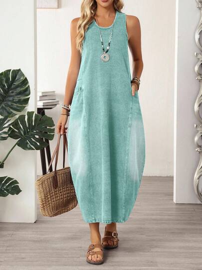 EMERY ROSE Plus Size Women Round Neck Pocketed Casual Party & Outing Denim Dress