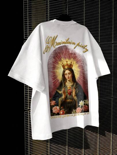 STEELVANCE 男士圣母玛利亚像和十字架标语印花美式街头风圆领T恤