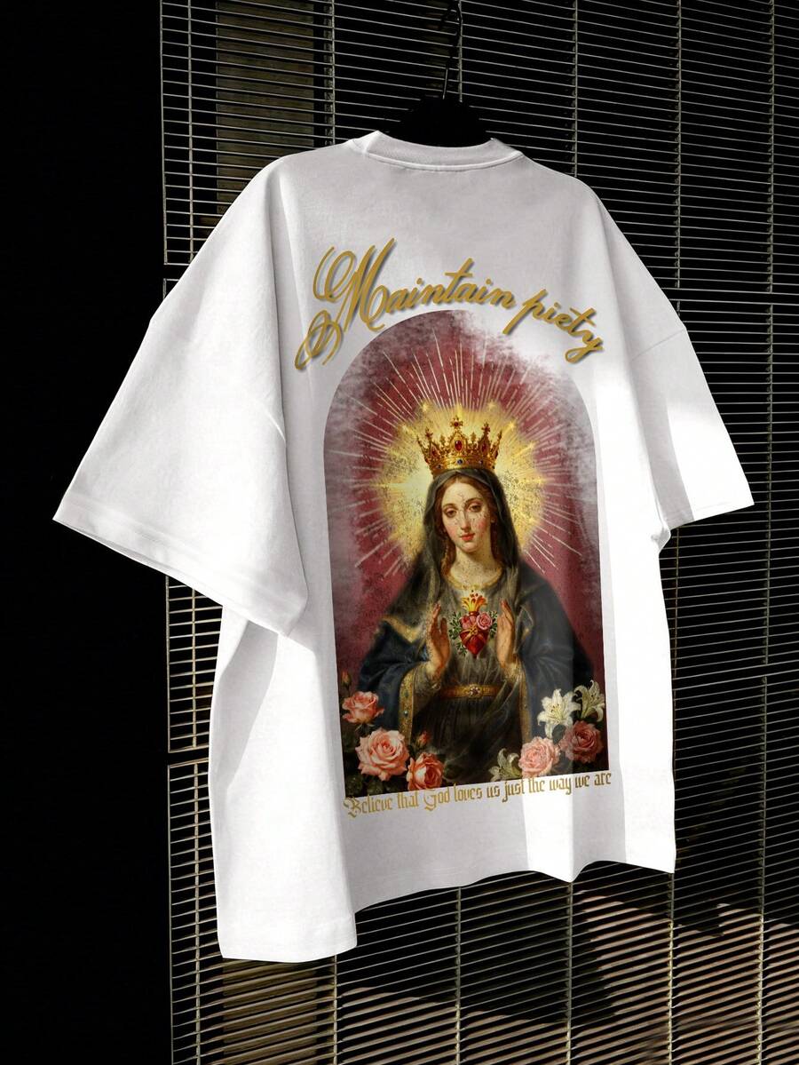 STEELVANCE 男士圣母玛利亚像和十字架标语印花美式街头风圆领T恤 - 白色 - 查看 1