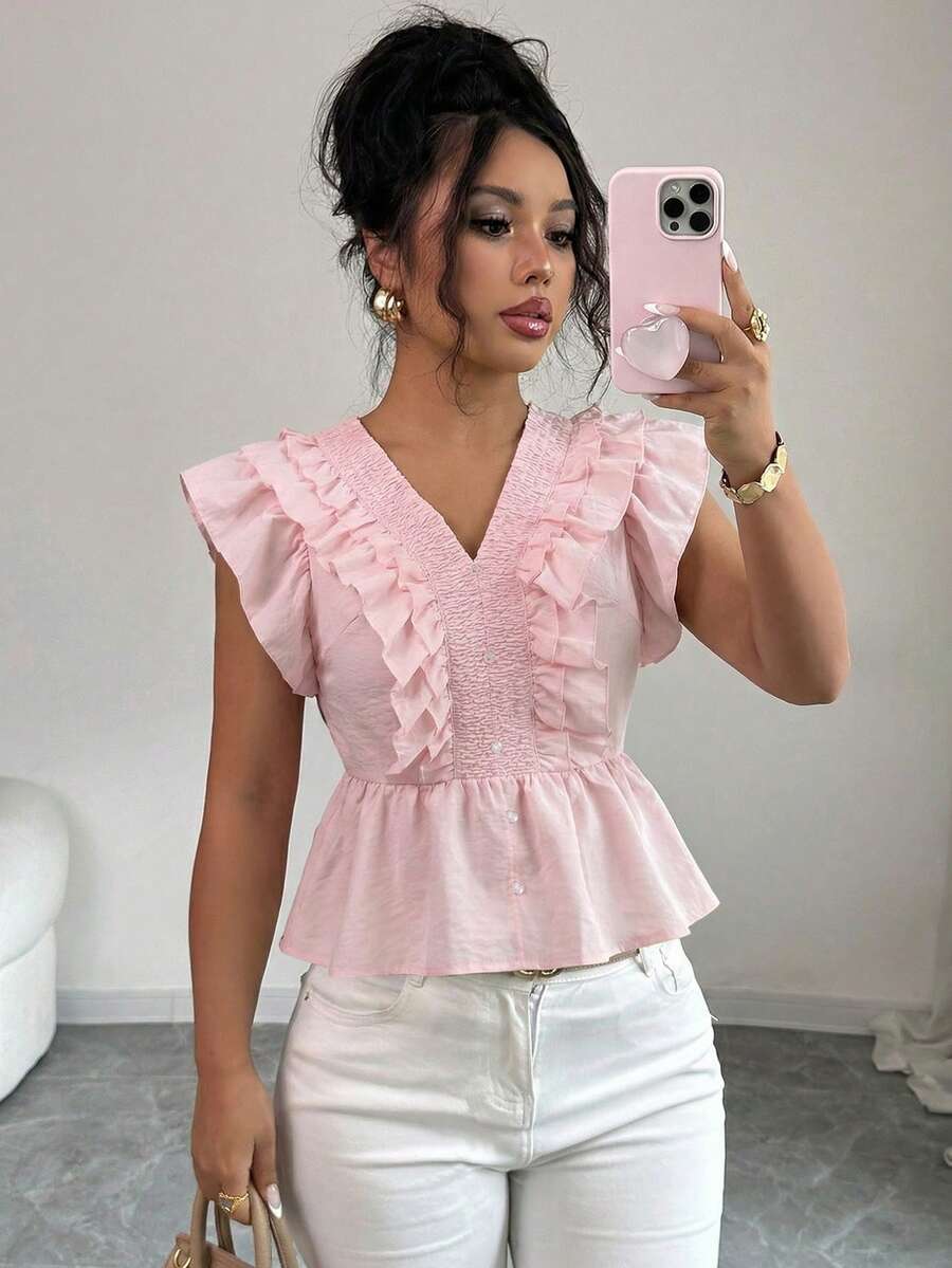Elenzga Blusa de estilo dulce con volantes en el bajo, talla estándar para mujer, primavera/verano - Rosa - Ver 1