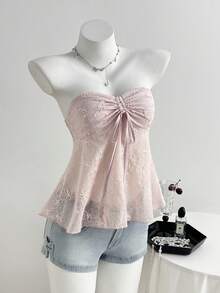 Elamini 时尚低腰开衩蝴蝶结水洗迷你牛仔短裤 - 淺色水洗藍 - 查看 3