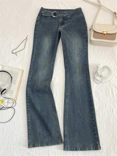 Elamini Low-Waist Fashionable Washed Flare Jeans