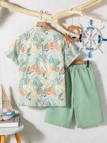 SHEIN Vacaura 2pcs/Set Teenage Boys Casual Summer Vacation Holiday Palm Tree&Island Style Short Sleeve Shirt And Shorts Set,Loose Fit Comfortable Fashionable Outfit - Multicolor - View 2