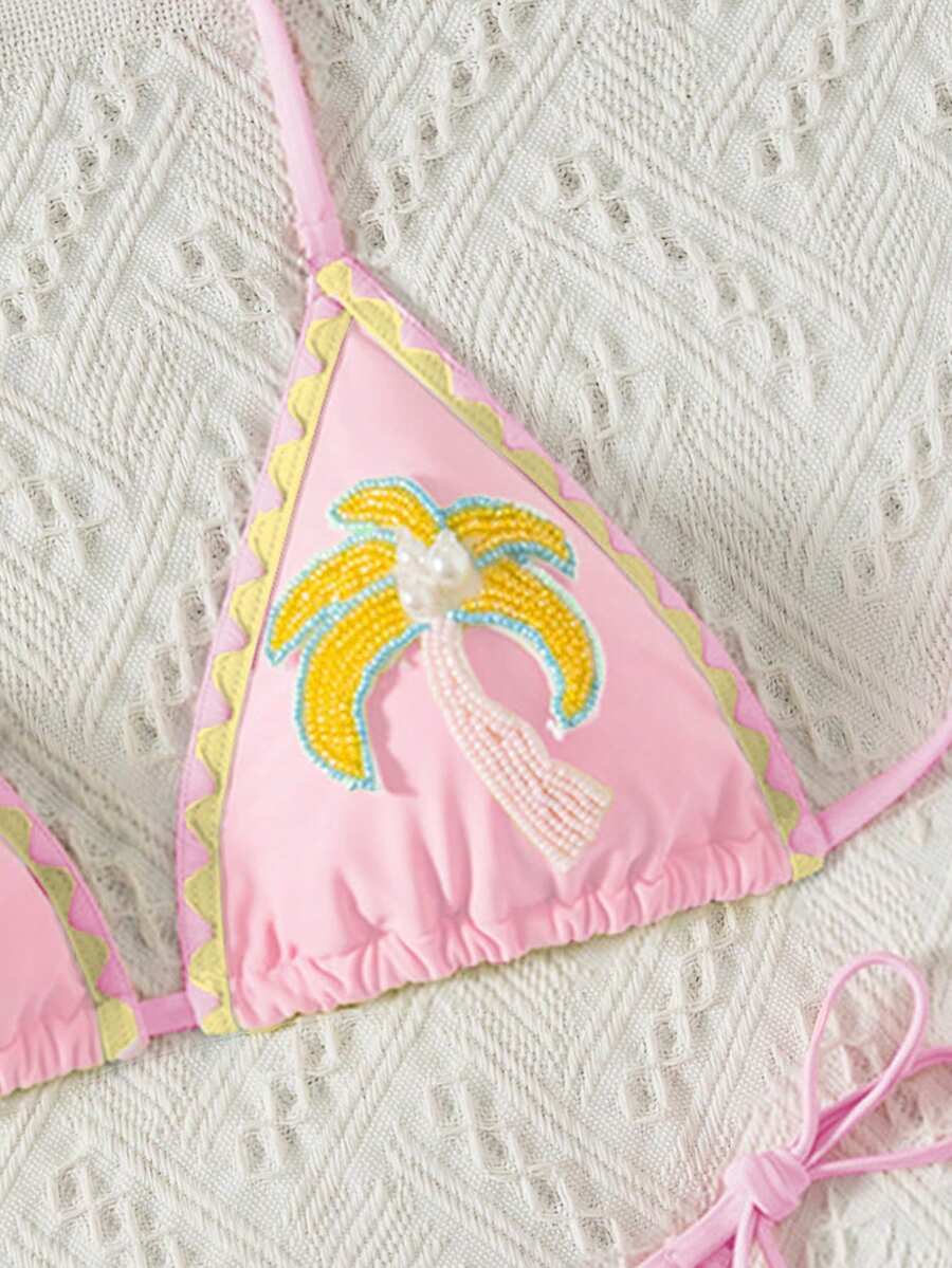 SHEIN Swim Mod 女士比基尼泳衣套装，饰有珍珠和椰子树图案，适合春夏海滩、度假和约会穿着。 - 粉色 - 查看 1