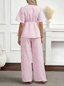 SHEIN 2pcs Lace-Up Plaid Top And Wide Leg Pants Set - Pink - View 2
