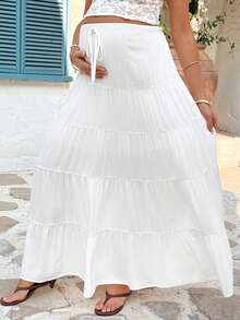 SHEIN Maternity Adjustable Waist Solid Color Casual Skirt - White - View 3