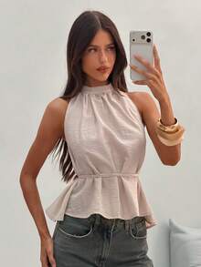 Aloruh Women's Elegant Tie-Up Halter Backless Linen Solid Color Vacation Blouse,Summer Top - Apricot - View 5