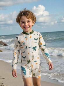 SHEIN Playful Pals Áo bơi dài tay, khóa kéo nửa thân trước, in hình sinh vật biển dành cho bé trai. - Nhiều màu - Xem 8