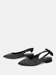 CUCCOO HITCHD Giày nữ kiểu Âu và Mỹ mới, giày da lộn màu đen đính đá, mũi nhọn, đế bằng, quai hậu buộc nơ, kiểu dáng slip-on, đa năng, thoải mái, thanh lịch và sang trọng, sandal cỡ lớn đẹp mắt. - màu đen - Xem 3