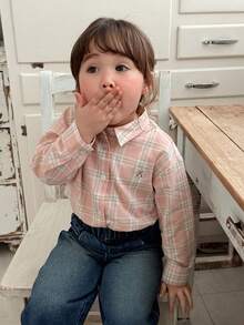 DAZY 女童格子长袖上衣，韩版，夏季 - 粉色 - 查看 1