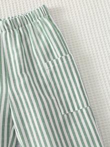 Cozy Pixies 男女童蓝白条纹松紧腰侧袋休闲裤，百搭舒适 - 薄荷綠 - 查看 5