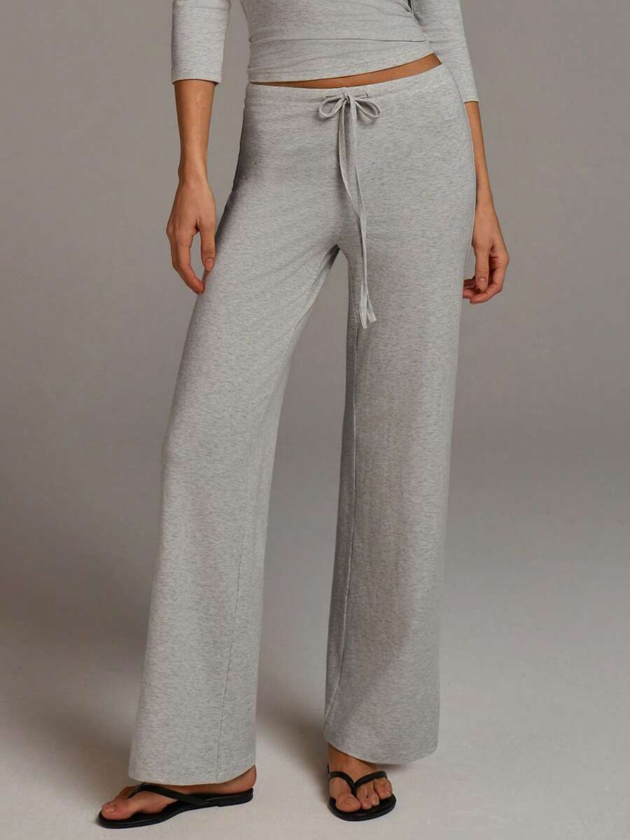Athîral Pantalones casuales rectos de cintura con cordón de unicolor para mujer - Gris - Ver 1