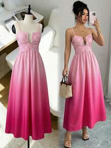 Elenzga 1pc Women's Spring/Summer Gradient Ruched Hollow Halter Waist A-Line Dress, Elegant Vacation Outfit - Pink - View 6