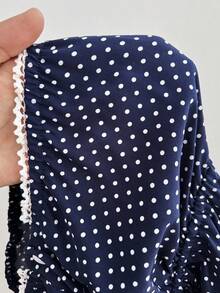 SHEIN CURVE+ Plus Size Women's Comfortable Square Neck Polka Dot Print Short Sleeve Blouse - Navy Blue - View 5