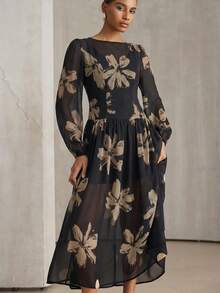 Aveloria Modichic Minimalist Chiffon Polka Dot Retro Lightweight Long Sleeve Dress (Random) - Black - View 4