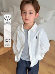 DAZY Young Boy Embroidered Front Button Casual Long Sleeve Shirt - White - View 1