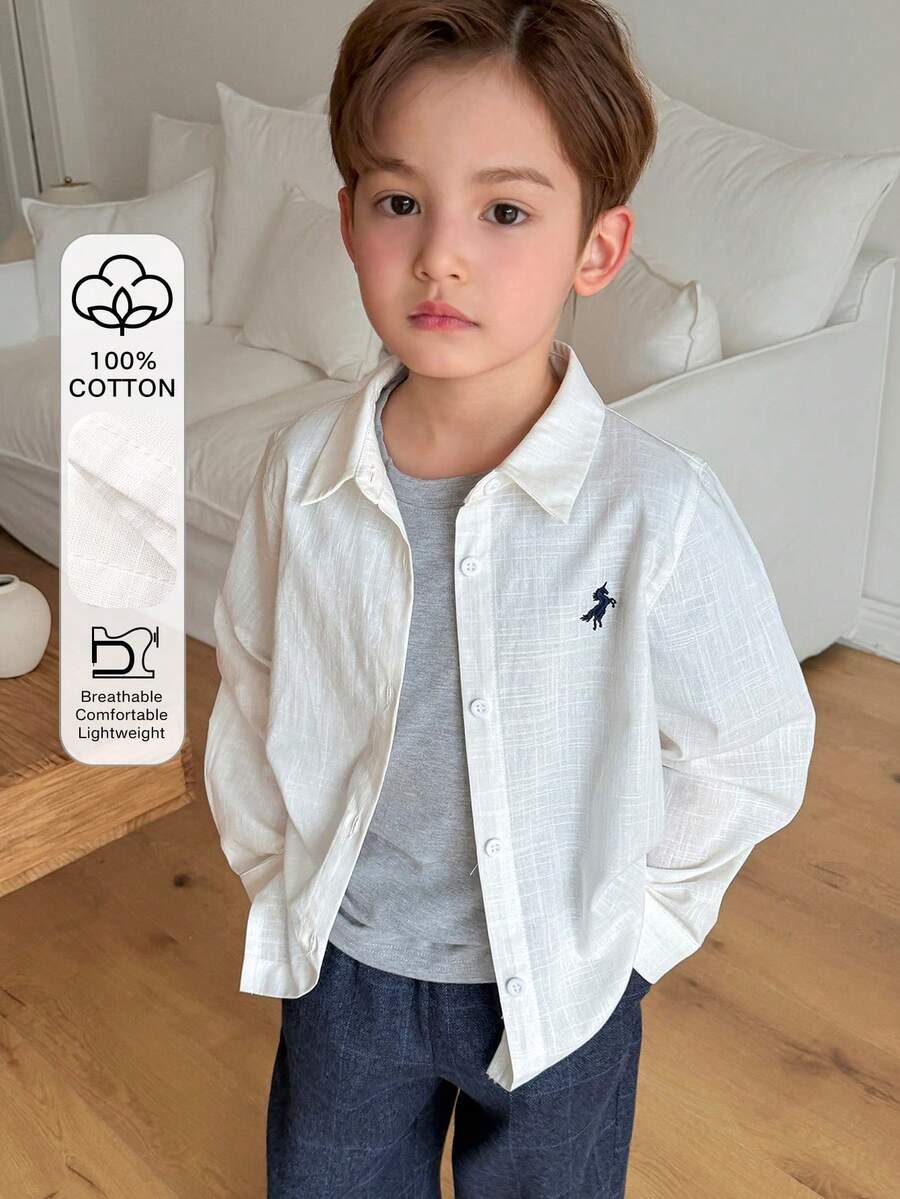 DAZY Young Boy Embroidered Front Button Casual Long Sleeve Shirt - White - View 1