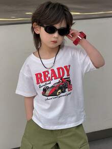 DAZY Camiseta de manga corta de cuello redondo con estampado de letras y coches de carreras casual para niño, verano - Blanco - Ver 4