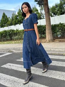DAZY Teen Girl Sweetheart Neck Button Front Casual Short Sleeve Denim Dress - Blue - View 5