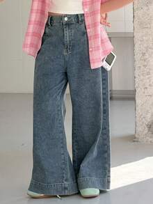 DAZY Calça jeans feminina pré-adolescente com bolso bordado com letras, pernas largas e modelagem solta. - Azul - Ver 6