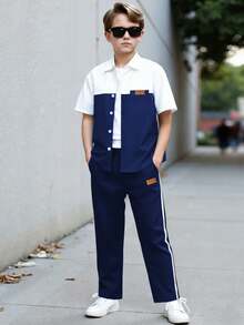 Vacaura 青少年男童薄款短袖长裤套装，经典黑白拼接装饰衬衫，休闲直筒裤，户外青少年服装，春秋季 - 彩色 - 查看 3