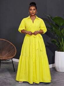 SHEIN CURVE+ 2025 Plus Size Women Solid Color Short Sleeve Spring A-Line Ruched Panel Maxi Dress,Curve Plus ,Hoho Vacation - Yellow - View 6
