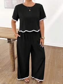 Lounesse Plus Size Women Loose Casual Round Neck Short Sleeve Shirt And Wide Leg Pants 2 Pieces Set - Black - View 3