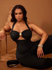 Veslaya Plus Size Women's Black Halter Backless Wide Leg Jumpsuit,70's Summer Night Out Club Party,Y2k Baddie Style,Elegant Wedding Guest & Vacation Wear - Black - View 8