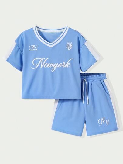 Casuvi Kids 2pcs/Set Girls Casual Fashionable Colorblock V-Neck T-Shirt And Elastic Waist Shorts, Loose Fit, Comfortable For Spring, Summer, Autumn, Suitable For Daily Wear, Birthday Party, School Activities, Family Gathering, And Formal Occasions