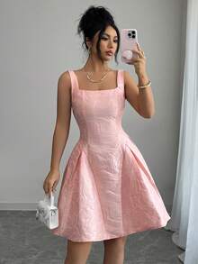 Elenzga Women's Elegant Jacquard Textured Fit & Flare Mini Dress, Suitable For Party, Wedding, Dinner, Birthday - Pink - View 3