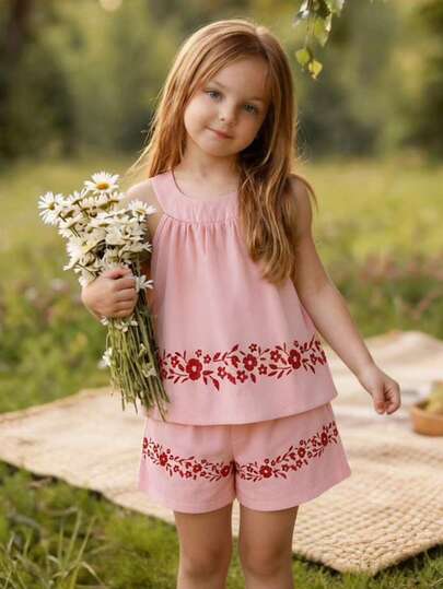 SHEIN Playful Pals 2pcs/Set Young Girl' Woven Printed Camisole Top + Casual Shorts