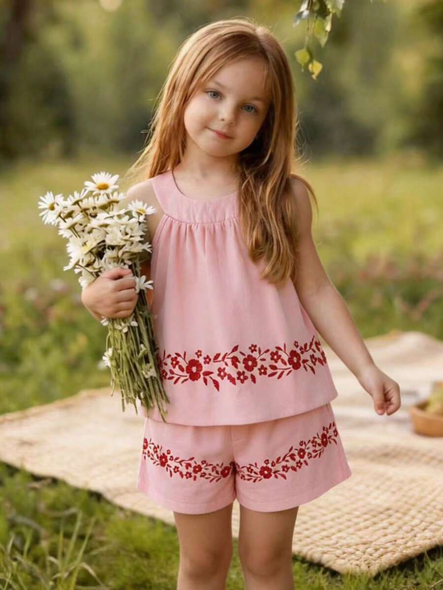 SHEIN Playful Pals 2pcs/Set Young Girl' Woven Printed Camisole Top + Casual Shorts - Pink - View 1