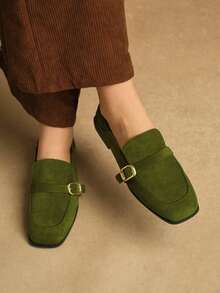 Rosivie Sepatu Kasual Wanita Model Inggris dengan Ujung Persegi dan Sol Datar - Dark Green - View 5