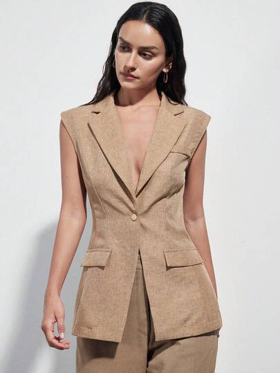 Aveloria Modichic New Fashionable Sleeveless Waist Tie Faux Pocket Bicolor Twill Women Suit Jacket