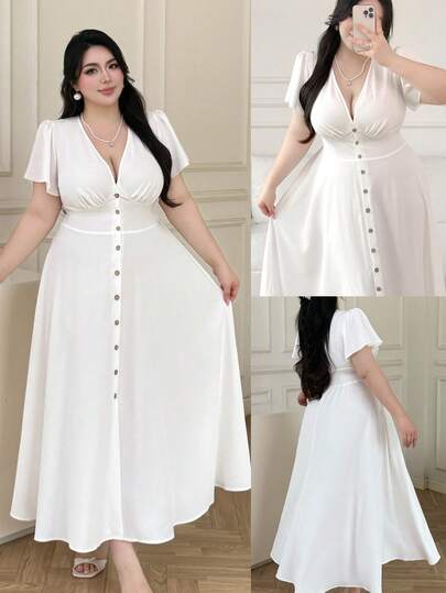Vibekara Plus Size Women Casual V-Neck Minimalist Elegant Short Sleeve Dress