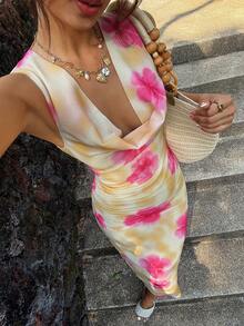 Livesso 春夏扎染渐变粉色花卉印花修身长裙，垂褶领口，适合音乐节、情人节、婚礼、休闲海滩度假等场合。 - 黃色 - 查看 2