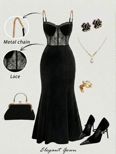 SHEIN MOD Plus Size Black Metal Chain Straps Lace Patchwork Dress, Plus Size,Solid Color Lace Bustier Criss-Cross Halter Dress,New Year,Valentine Pants,Lace Dress,Tall Women Dress,Spring/Summer Party Mermaid Dress,Wedding