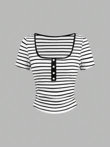Ellevyn Women's Striped Square Neck Short Sleeve T-Shirt And Pants Casual 2 Pieces Set - Black and White - View 8