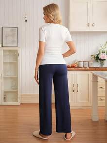 SHEIN 2pcs Maternity Set: Round Neck Short Sleeve Top With Waist Ruching & Embroidery, Elastic Waist Straight Leg Embroidered Pants - Blue and White - View 2