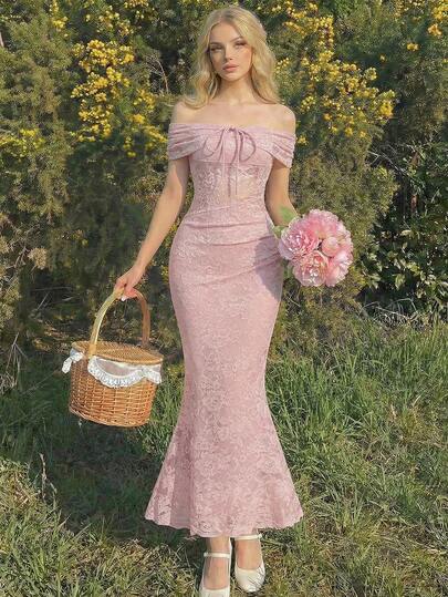 SHEIN MOD Women's Elegant Solid Color Lace Off-Shoulder Fishtail Dress, Summer,Vacation Outfits, Retro, Vintage,Country Outfits,  Going Out,Teacher Outfits For Women,Date, Picnic, Party, Prom, Festival,Birthday Wear, Cottagecore Dress,Tea Party Dress,Milkmaid Dress,French Style Dress,Pink Lace Dress,Wedding Guest Dress For Women,Bridesmaid Dress,Music Festival Outfits,