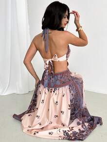 Firerie Women's Elegant Vacation Retro Bohemian Beach V-Neck Halter Backless Print Waist Hollow Long Dress, Suitable For Spring And Summer - Multicolor - View 6