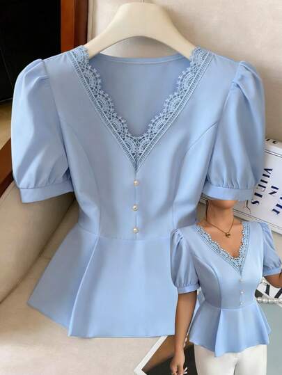 Elenzga Women's Solid Color Lace Patchwork V-Neck Elegant Short Sleeve Blouse