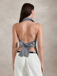Briarwyn Summer Women's Cotton Sexy Plaid Front Button Back Tie-Up Backless Halter Top, Summer Top, Going Out Tops,Vacation Outfits Women Checkered Top Summer Clothes Gingham Top Tube Top Bow Top - Black and White - View 7