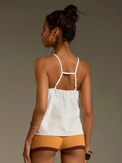 Athîral 女士休闲白色提花格子无袖露肩牛仔衬衫，春夏款